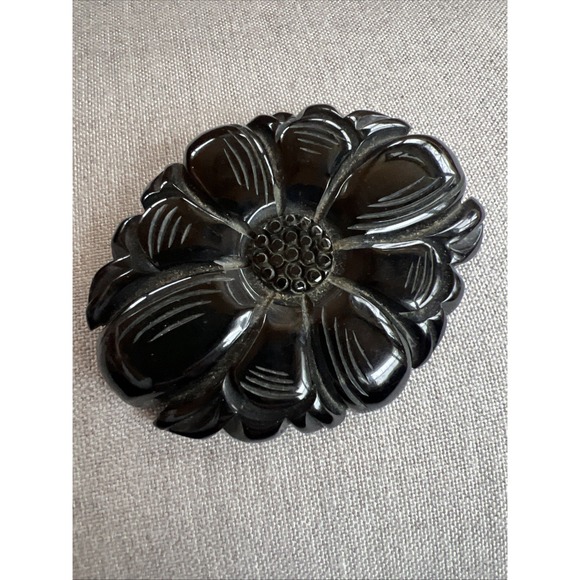 Bakelite Large Black Brooch Floral Carved Detailed Pierced Pin - Picture 2 of 13